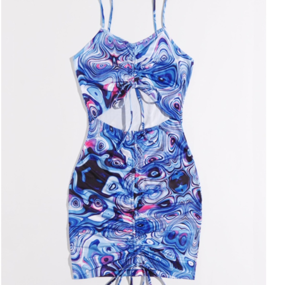 Ruched Drawstring Cutout Front Marble Print Bodycon Dress, Size XL - NEVER WORN